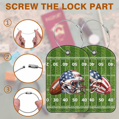 2 PCS Leather Luggage Tag for Suitcase Football and Helmet Travel Suitcase Labels with Privacy Name ID Label and Stainless Steel Loop for Adults Teens Travel Bag Labels Set