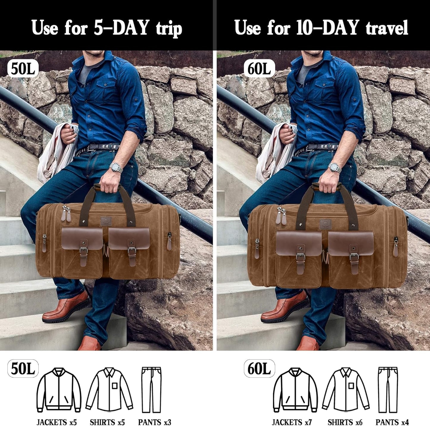 Waxed Canvas Duffle Bag for Men 50L Travel Duffel Bags Expandable Genuine Leather Duffel Overnight Weekender Carry On Bag Two Zipper Pockets Travel Bag (Vintage Dark Brown, Large-50L)