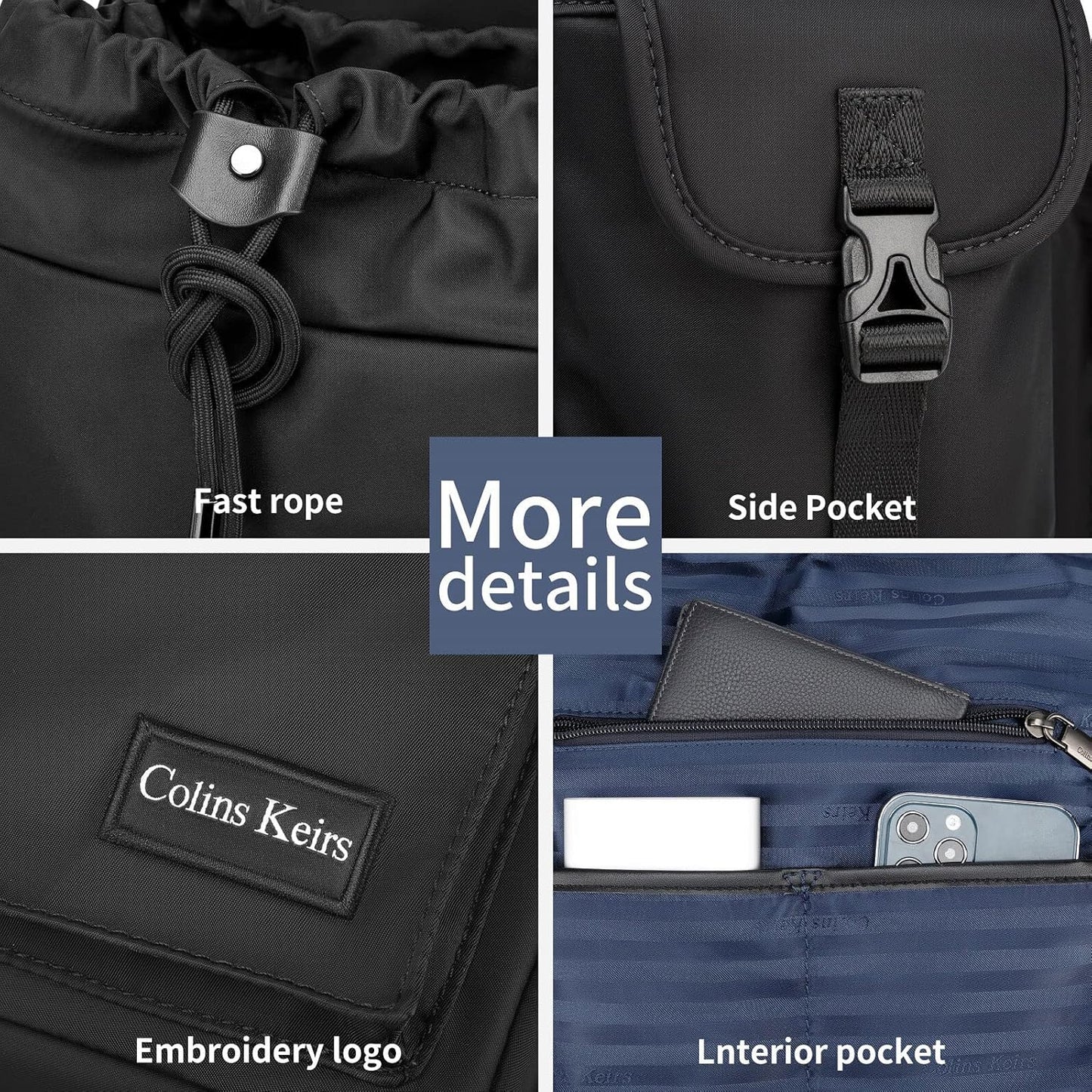 Black backpack for men, 16 inch laptop backpack with computer compartment, Drawstring slim waterproof tech backpack for travel, work, college or daily use, Large 30 L