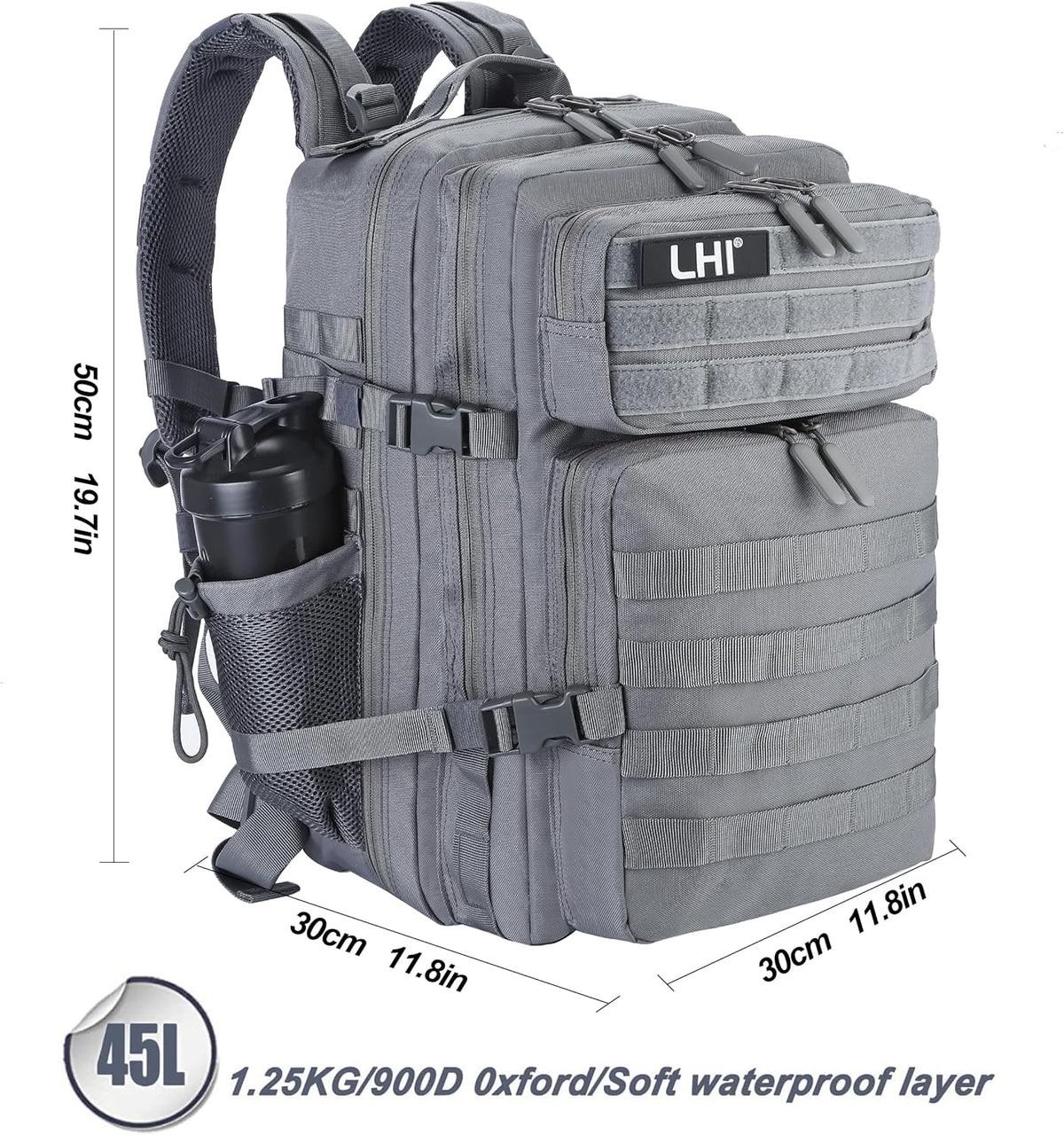 LHI Military Tactical Backpack for Men and Women 45L Army 3 Days Assault Pack Bag Large Rucksack with Molle System - Grey