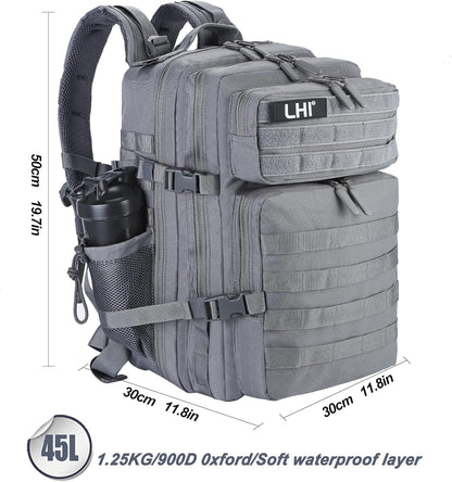 LHI Military Tactical Backpack for Men and Women 45L Army 3 Days Assault Pack Bag Large Rucksack with Molle System - Grey