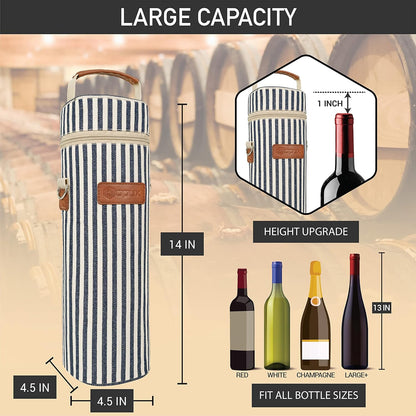 opux Wine Bag Single Bottle Carrier Tote, Insulated Wine Cooler Bag for Travel Picnic Beach with Shoulder Strap, Thermal One Bottle Holder Carrying Case Gift for Women Men, Navy White Stripes