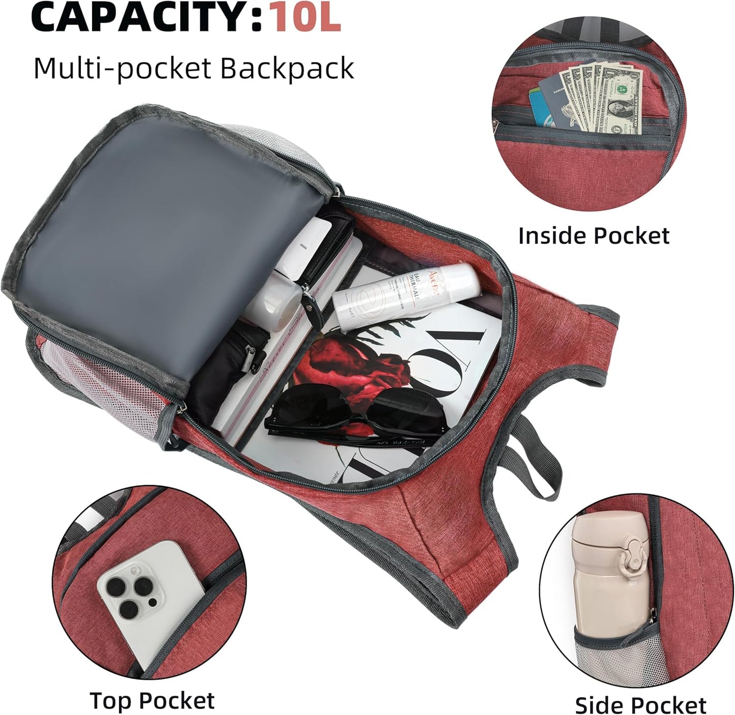 Foldable Travel Daypack - 10L Lightweight Backpack for Women & Men (Red) - Camping & Hiking