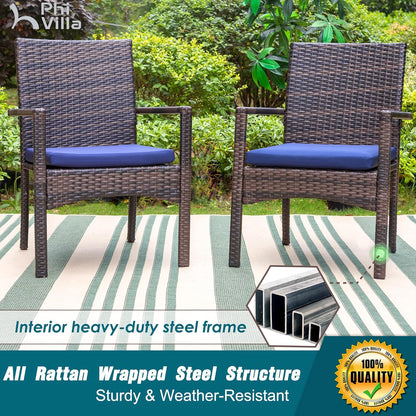 PHI VILLA Outdoor Rattan Dining Chairs Set of 6, Modern Wicker Armchair with Cushions for Patio, Deck, Yard, Porch - Brown