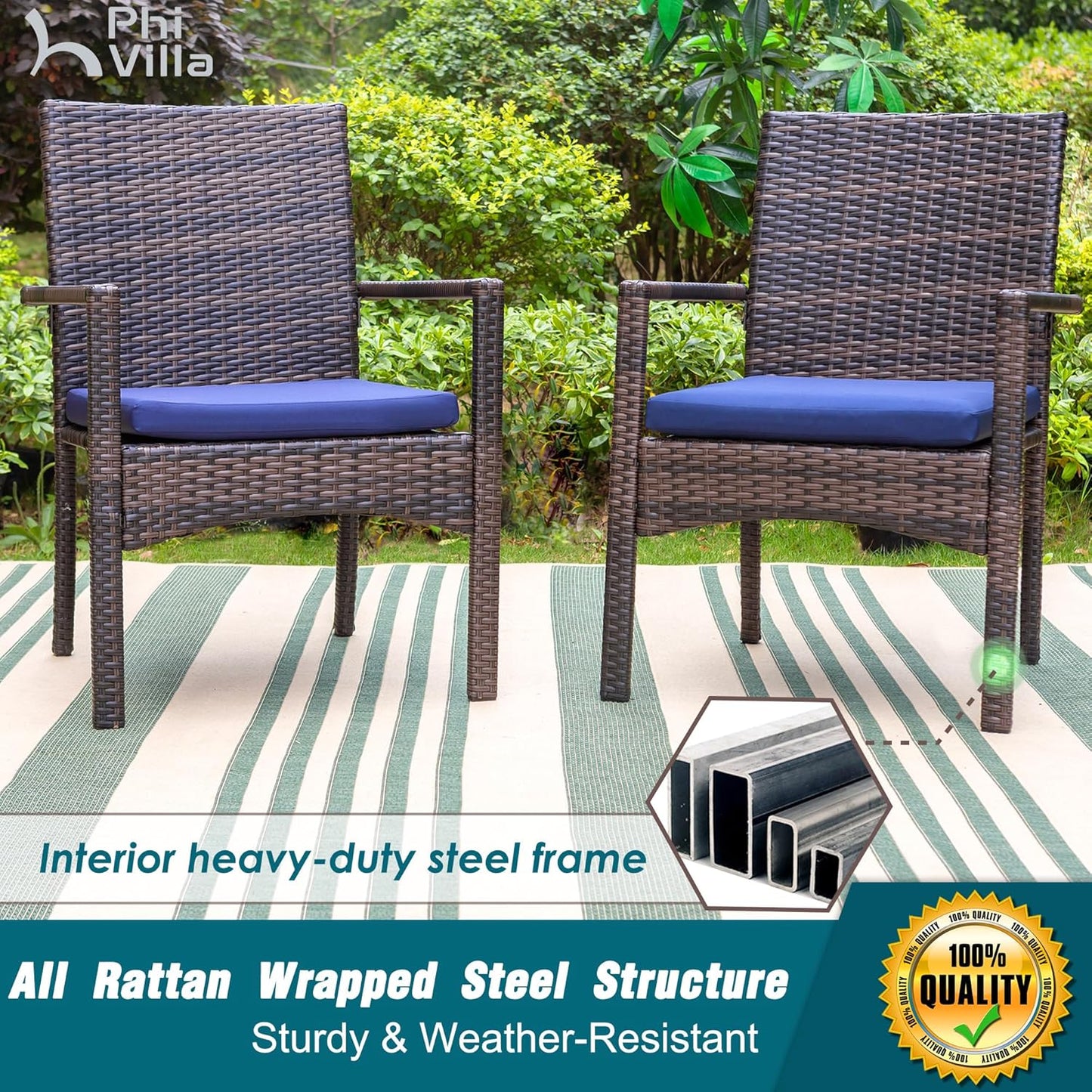 PHI VILLA 4 Pieces Patio Cushioned Rattan Chairs, Outdoor Modern PE Wicker Dining Armchair with Removable Cushions for Deck, Yard, Porch