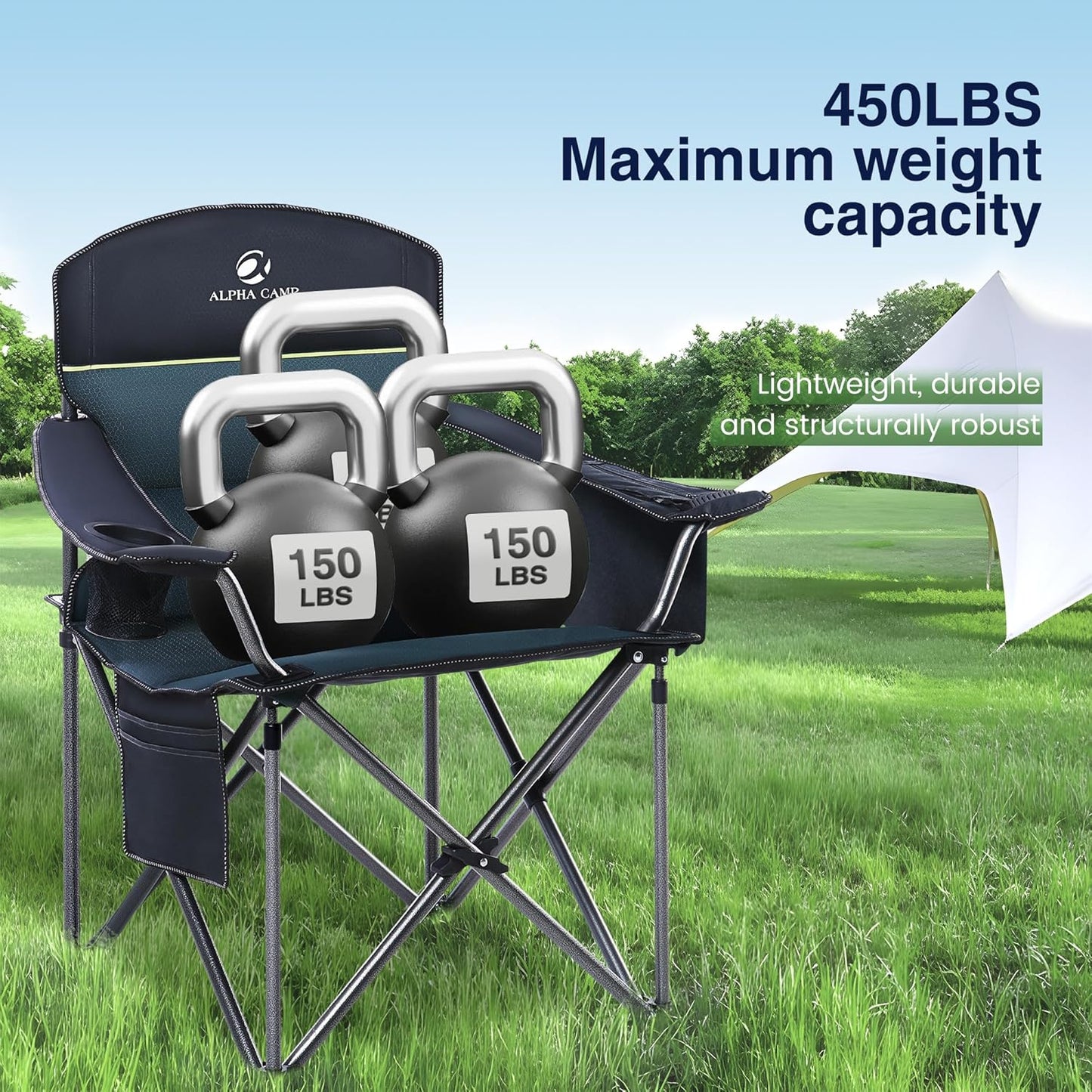 HIGH POINT SPORTS Camping Folding Chair, Heavy Duty Oversized Portable Outdoor Chair, Foldable Camp Chair with Cup Holder and Cooler Bag Support 450 LBS, Green…