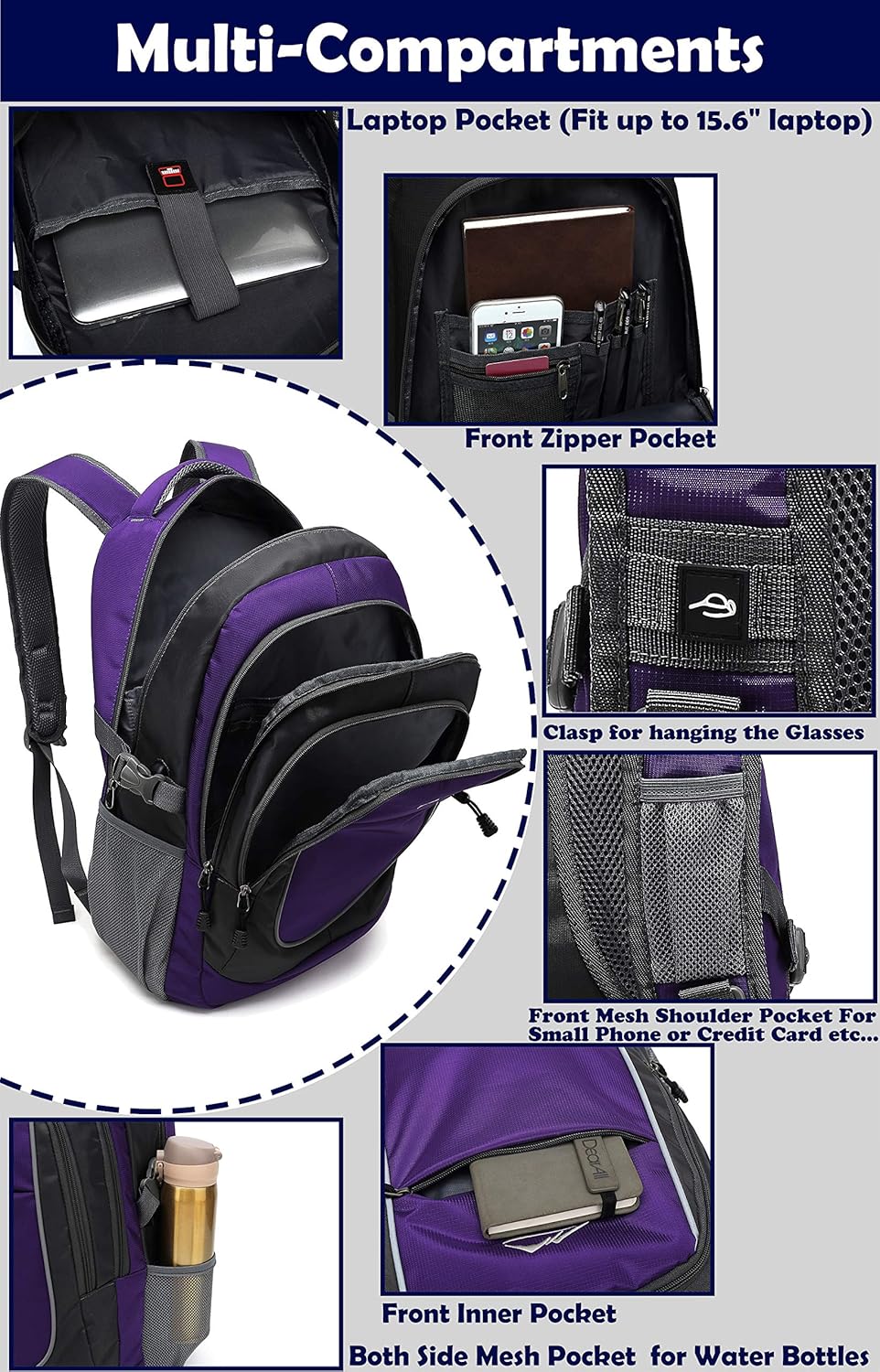 Backpack for College Sturdy Bookbag Travel Business with USB Charging Port Laptop compartment Chest Straps Anti Theft Night Light Reflective (Purple)