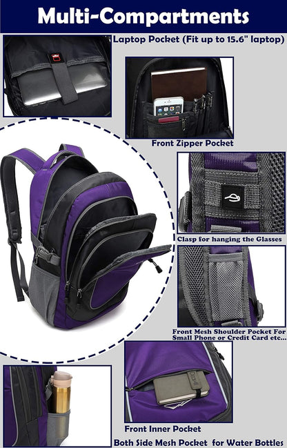 Backpack for College Sturdy Bookbag Travel Business with USB Charging Port Laptop compartment Chest Straps Anti Theft Night Light Reflective (Purple)