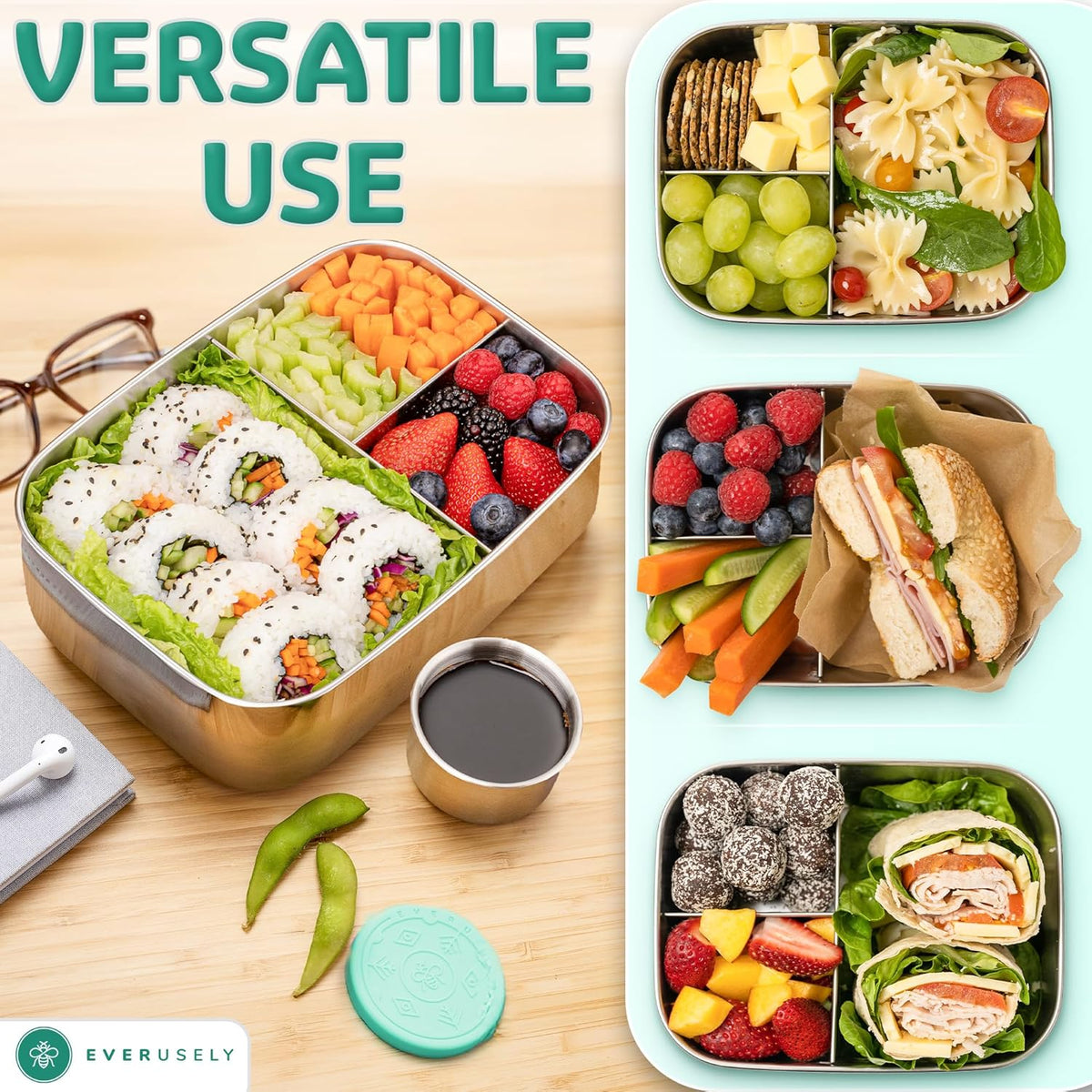 Everusely - Bento Box - Green, 60oz / 1.8 L - Stainless Steel Lunch Box with Leakproof Condiment Container - 3 Compartment Snack Organizer for On the Go Meals - Freezer & Dishwasher Safe