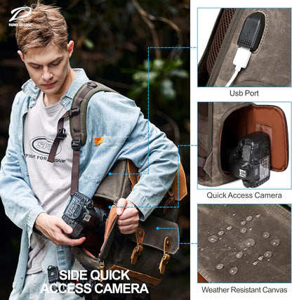 Padwa Lifestyle Coffee Camera Backpack - Weather Resistant Waxed Memory Canvas Camera Backpacks for Photographers,Multi DSLR SLR Camera Bag with 16” Laptop & Lens Compartment and Tripod Holder