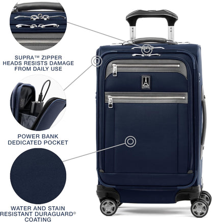 Travelpro Platinum Elite Softside Expandable Carry on Luggage, 8 Wheel Spinner Suitcase, USB Port, Suiter, Men and Women, Dark Blue, Carry On 21-Inch