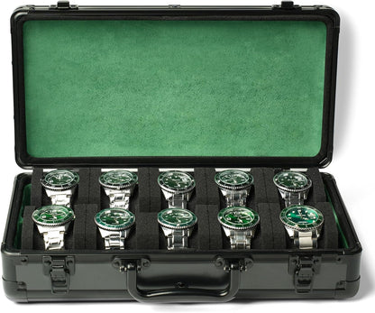 10 slots Watch organizer Case, Aluminum watch storage box, hard watch travel box, padded case for watch display and organization