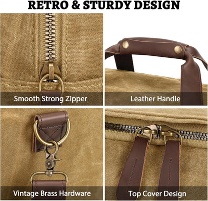 50L Duffle Bag for Men, Nomad Waxed Canvas Travel Duffel Bag Vintage Genuine Leather Travel Handbag Upgraded Weekender Overnight Backpack with Shoes Compartment (Vintage Brown)