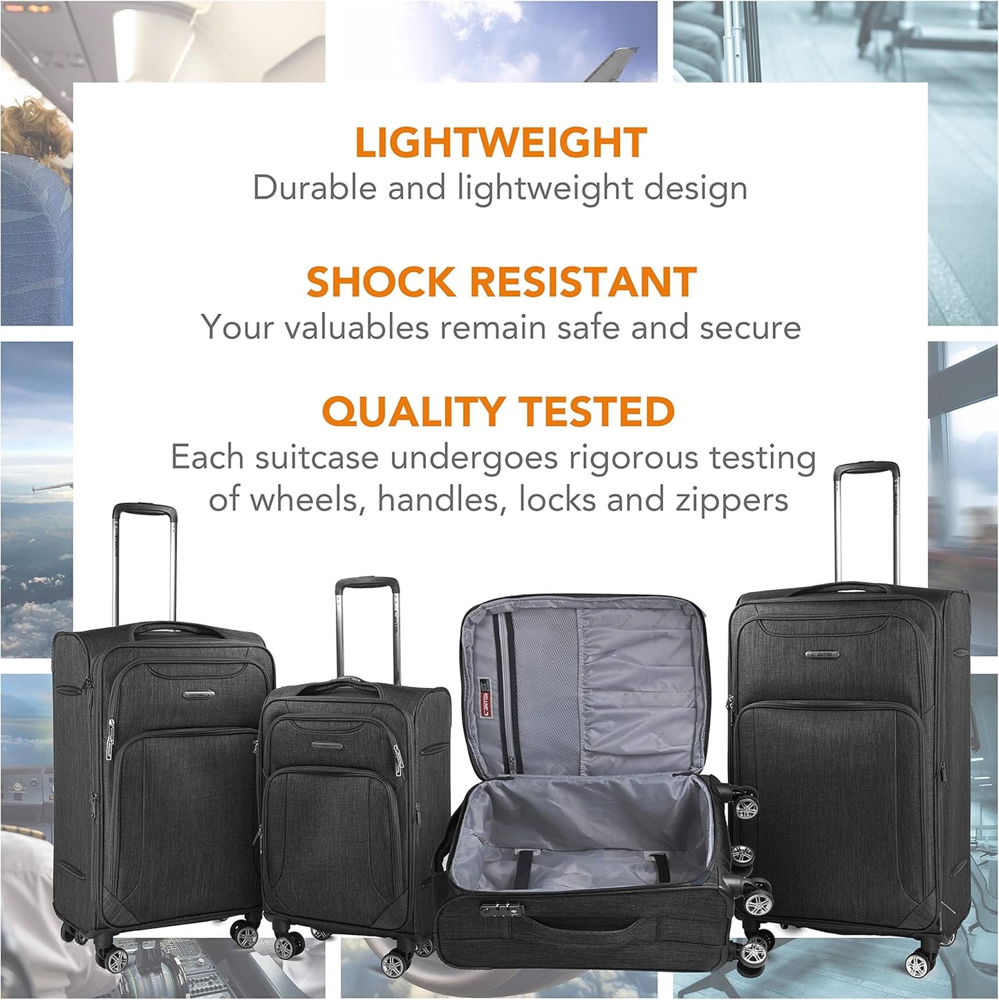 Cantor Ultra Lightweight Softside Luggage with Spinner Wheels, Set of 3, Expandable Suitcase with Retractable Handle and ID Tag, and Interlocking Zippers with TSA Lock