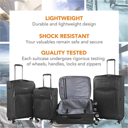 Cantor Ultra Lightweight Softside Luggage with Spinner Wheels, Set of 3, Expandable Suitcase with Retractable Handle and ID Tag, and Interlocking Zippers with TSA Lock