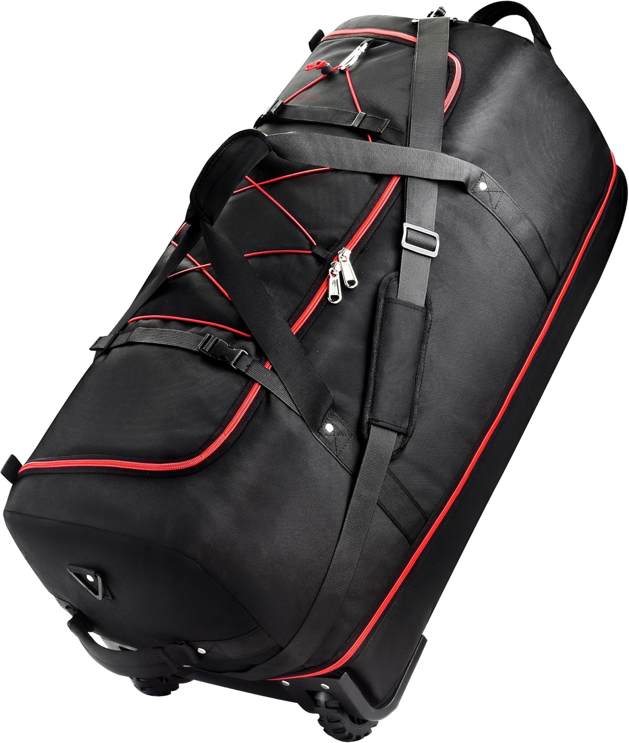 Rolling Duffle Bag with Wheels,110L/140L Expandable Soft-Sided Foldable Duffle Bag with 2 Rubber Wheels,Packable 32” Rolling Carry-On with Multi-Pockets & Compartments (Black Red)