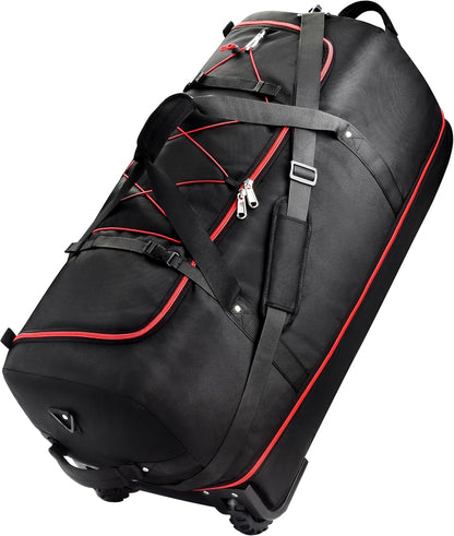 Rolling Duffle Bag with Wheels,110L/140L Expandable Soft-Sided Foldable Duffle Bag with 2 Rubber Wheels,Packable 32” Rolling Carry-On with Multi-Pockets & Compartments (Black Red)