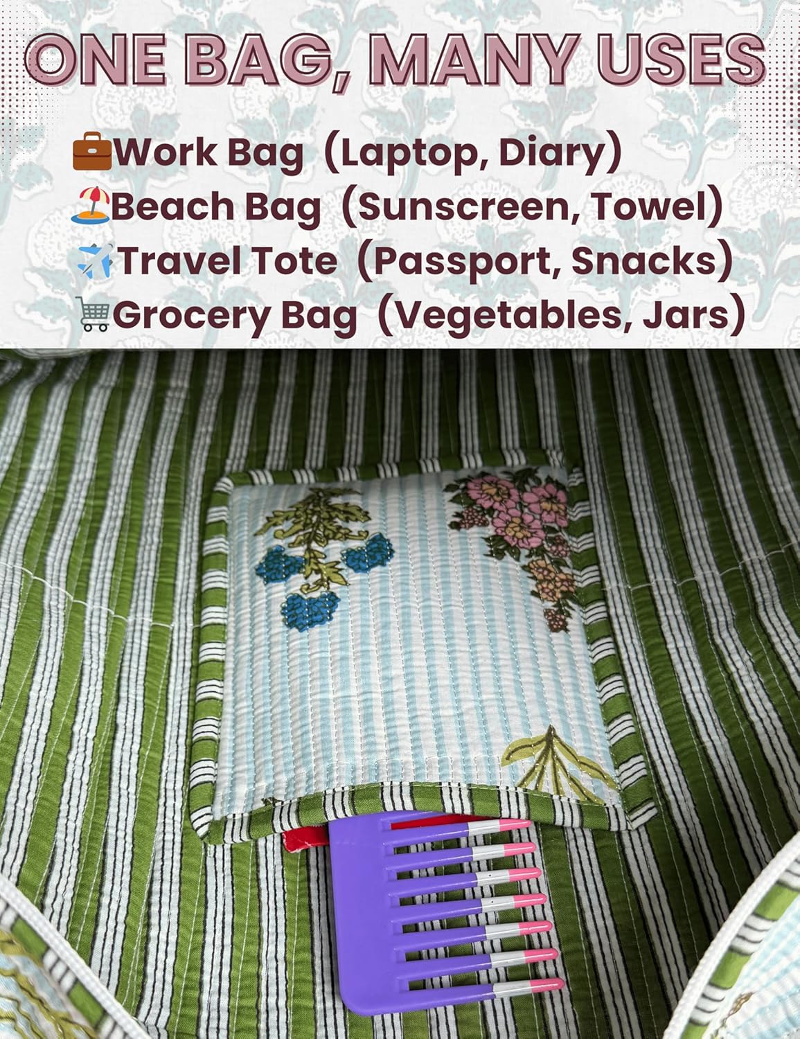 Cotton Quilted Tote Bag for Women – Large Beach & Travel Tote with Zipper, Reusable Grocery Bag