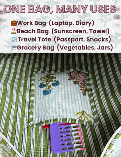 Cotton Quilted Tote Bag for Women – Large Beach & Travel Tote with Zipper, Reusable Grocery Bag