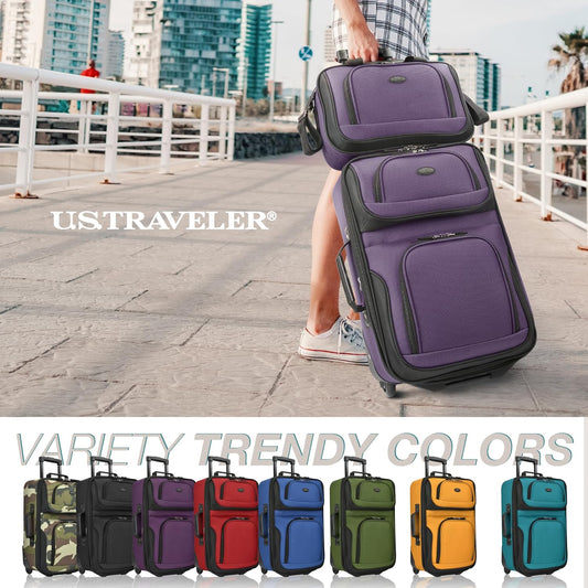 U.S. Traveler Rio Fabric Expandable Carry-on Luggage, Rolling Suitcase, Purple, 2 Wheel Set
