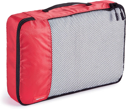 Amazon Basics Packing Cubes for Travel, Packing Organizers Set, 4-Piece-Set (Slim, Small, Medium, Large) With Double Zipper Pulls and Mesh Top Panel, 100% Durable Polyester, Red