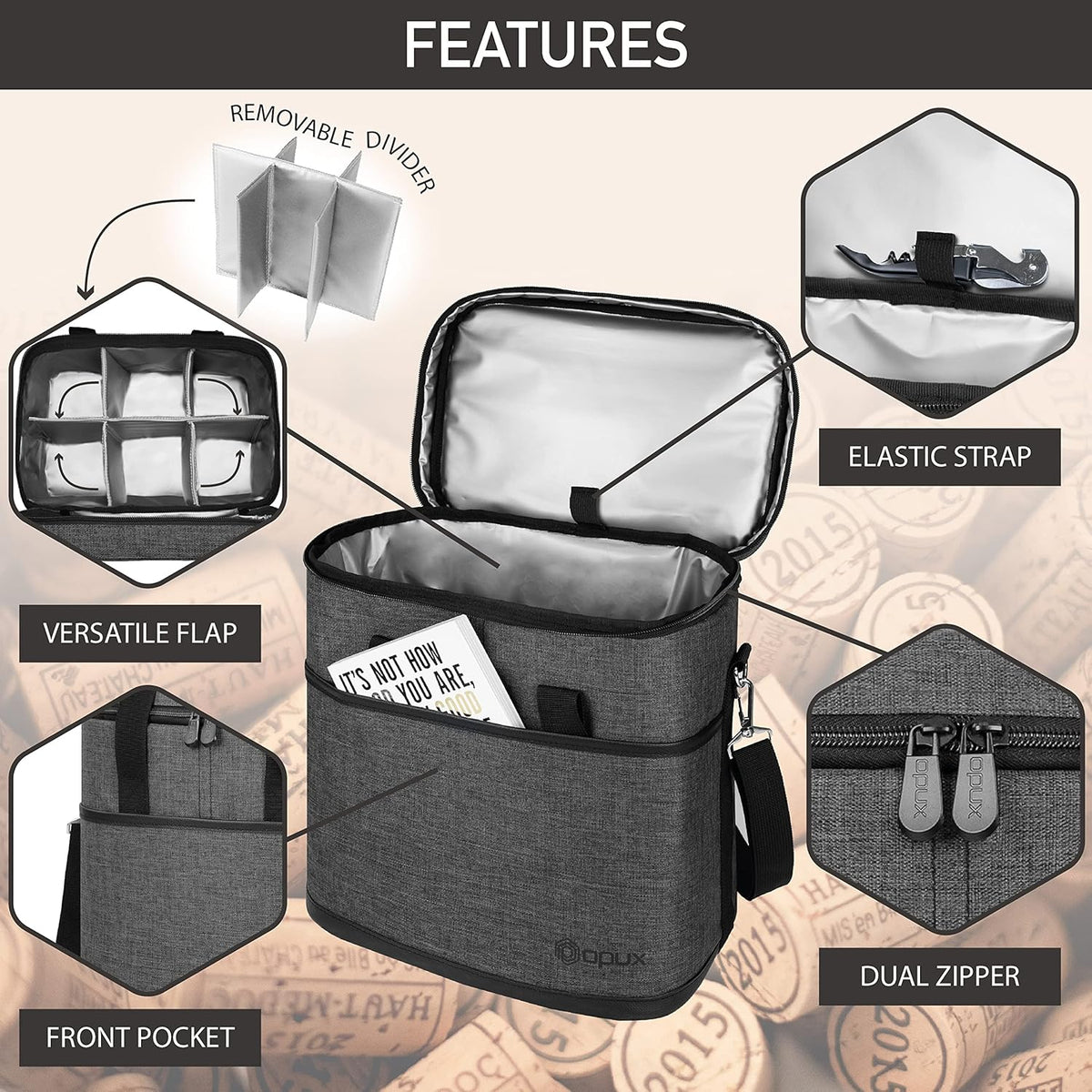 opux 6 Bottle Carrier Tote | Insulated Padded Wine Cooler Bag for Travel. Picnic, BYOB | Portable Leakproof Wine Tote Bag for Dinner, Party, Christmas, Wine Gift for Women, Men (Charcoal Gray)