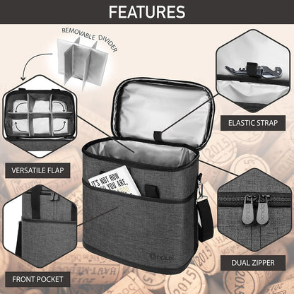 opux 6 Bottle Carrier Tote | Insulated Padded Wine Cooler Bag for Travel. Picnic, BYOB | Portable Leakproof Wine Tote Bag for Dinner, Party, Christmas, Wine Gift for Women, Men (Charcoal Gray)