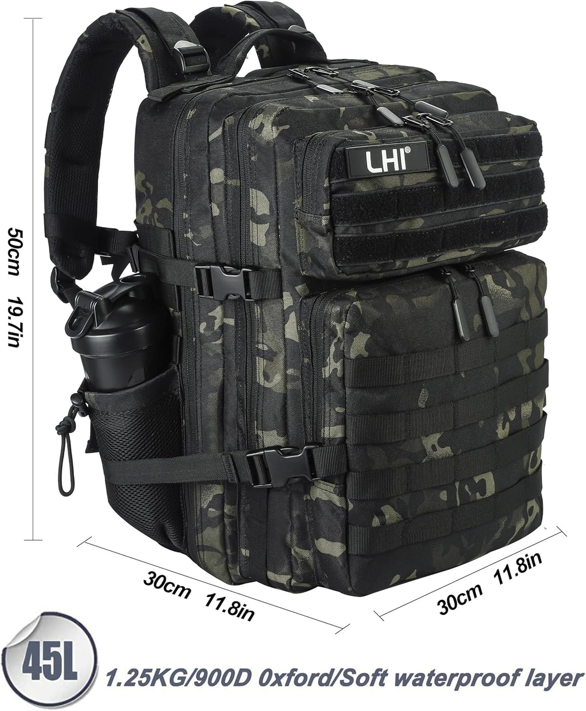 LHI Military Tactical Backpack for Men and Women 45L Army 3 Days Assault Pack Bag Large Rucksack with Molle System - Black CP