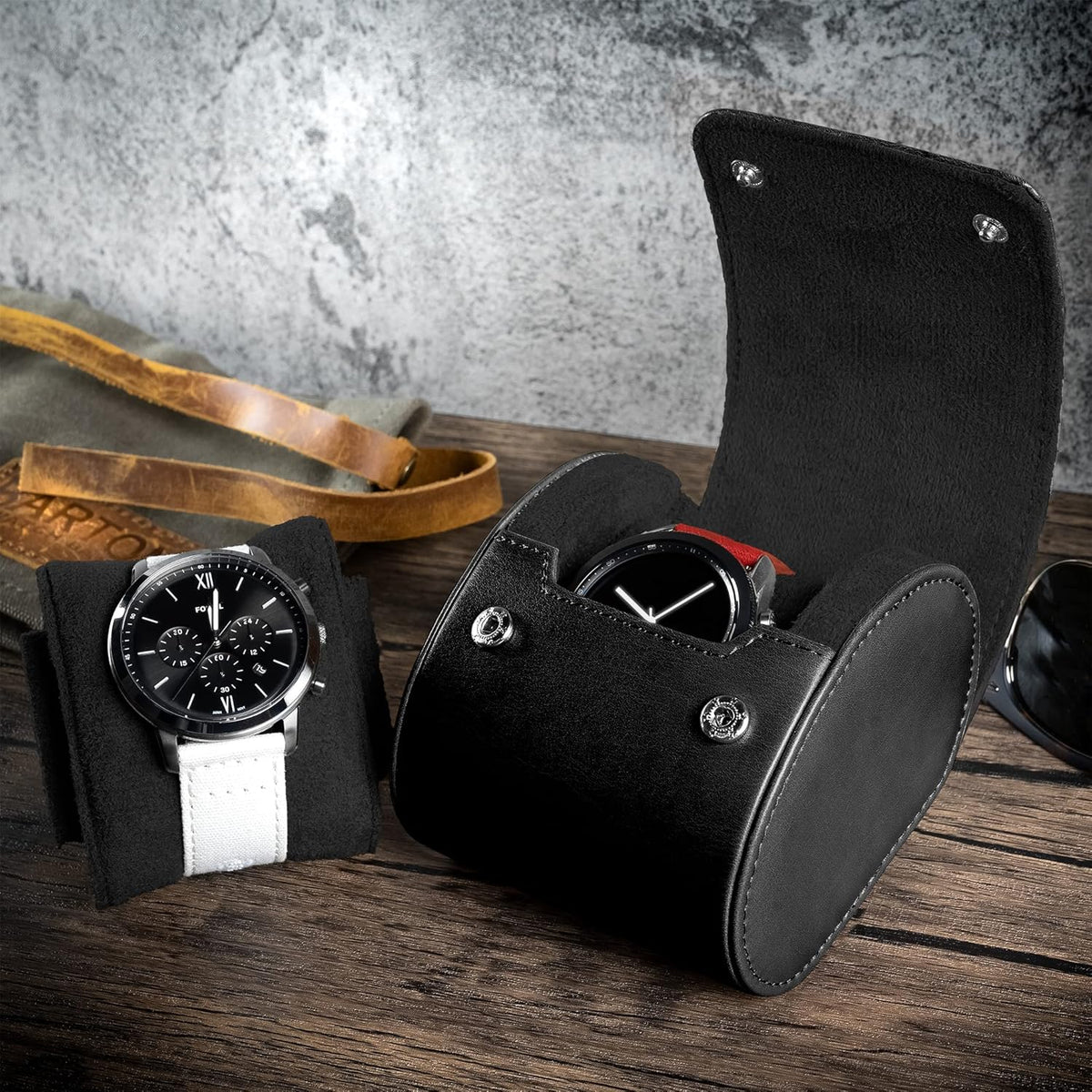 BARTON WATCH BANDS, Watch Roll - Black Recycled Leather Watch Travel Case & Watch Band Storage - 1 Watch Case
