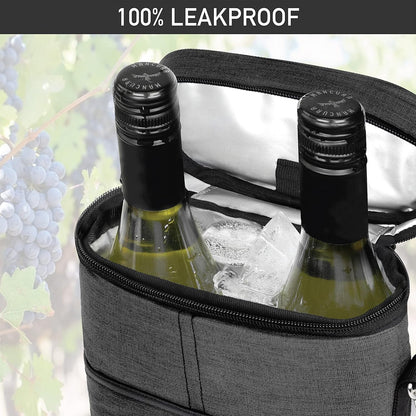opux 2 Bottle Wine Carrier Tote, Insulated Leakproof Wine Cooler Bag, Wine Travel Bag for Picnic BYOB Beach, Portable Wine Bottle Carrying Case, Gift for Wine Lover Women Men Christmas, Charcoal Grey