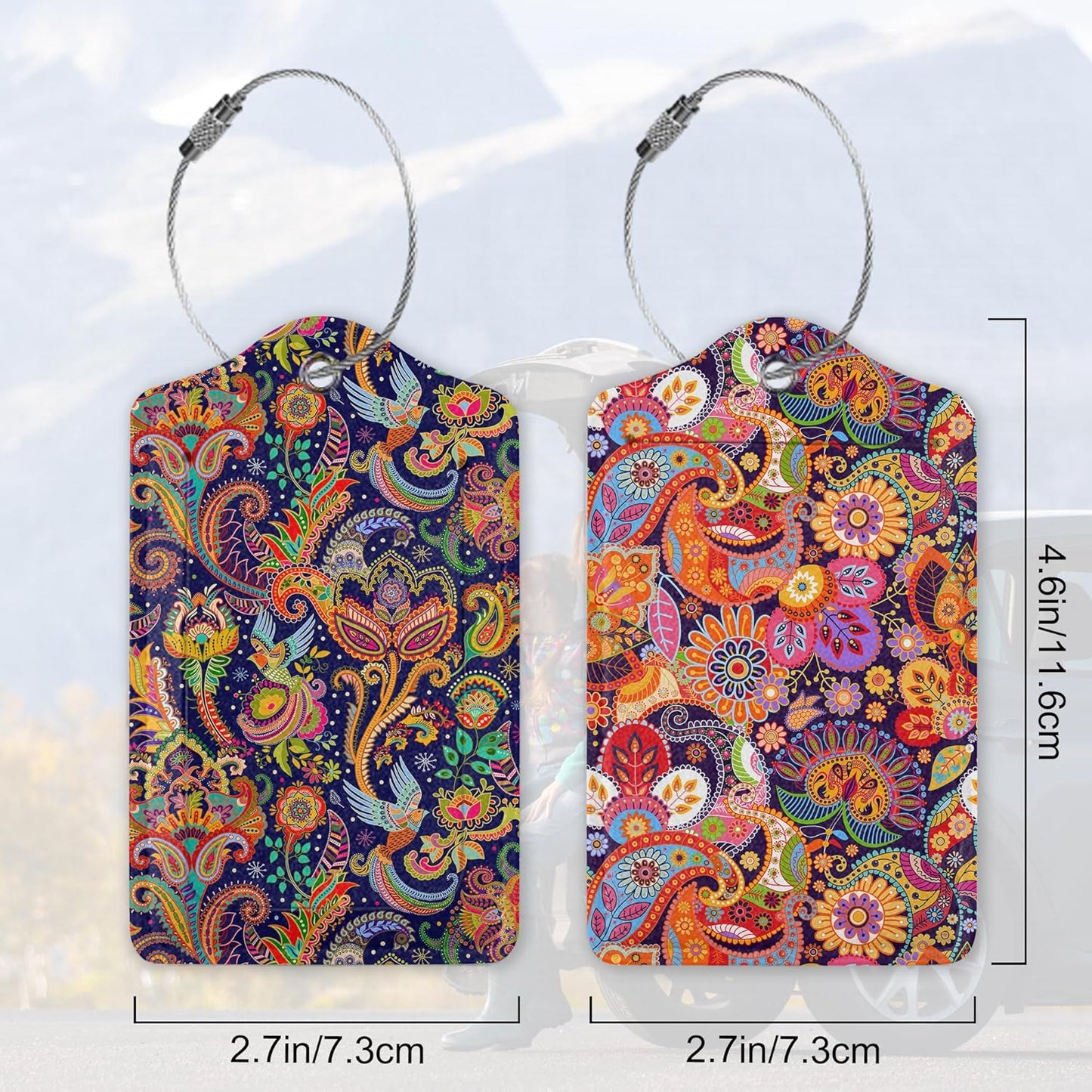 Boho Colorful Paisley 2 Pack Luggage Tag for Suitcase, Cute Unique Leather Bag Tags Identifiers Privacy Cover ID Label with Durable Steel Loop for Women Men Kids Girls Travel