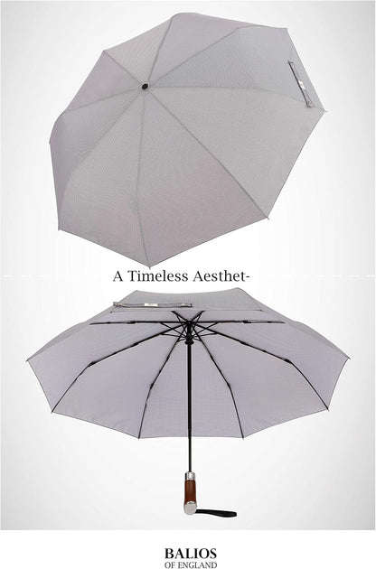 Balios (Designed in UK) Travel Umbrella Luxurious Golden Hardwood Handle Auto Open & Close Windproof Frame Single Canopy Automatic Folding Umbrella Men's & Ladies