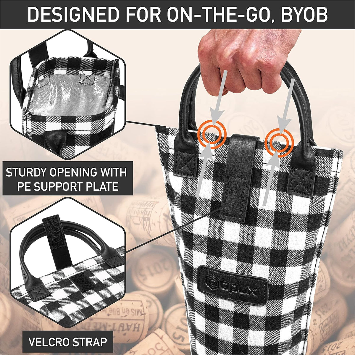 OPUX Wine Bag Single Bottle Carrier Tote, Insulated Travel Wine Cooler Bag for Picnic Beach Gift, Thermal Padded Portable One Bottle Holder Carrying Case for Women Men Wine Lovers, Plaid Buffalo White