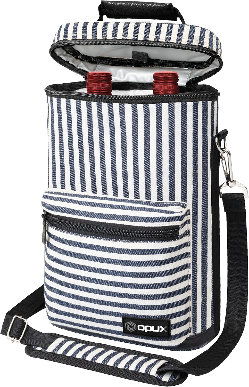 opux Wine Bag 2 Bottle Wine Tote Carrier, Insulated Wine Cooler Bag for Travel Picnic, Leakproof Portable Padded Case, Wine Gifts For Women Men Wine Lovers Christmas, Navy White Stripes