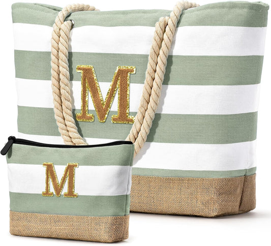 Becokan Beach Bag Initial Beach Tote with Makeup Bag for Travel Work Storage Personalized Birthday Gifts for Women Her