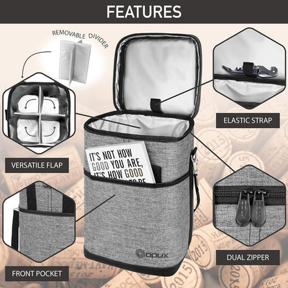 Opux 4 Bottle Insulated Wine Cooler Bag - Leakproof Padded Portable Wine Bottle Tote for Travel Picnic BYOB - Heather Gray