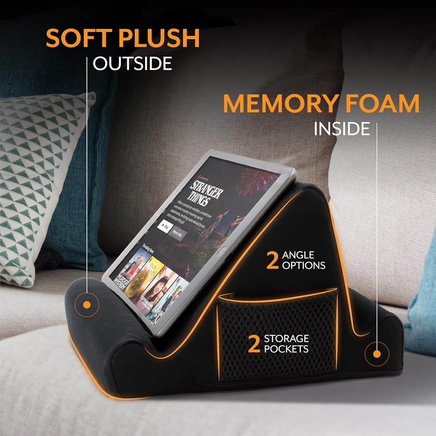 Brookstone - Memory Foam Lap Desk Tablet Holder, Holds Phones, iPads, E-Book Readers, 2 Viewing Angles, 2 Side Pockets for Accessories, Book Holder Cushion, Perfect Home, Car Travel, Flights, Black