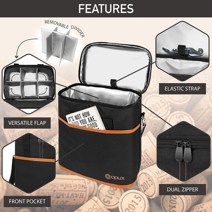 opux 6 Bottle Carrier Tote | Insulated Padded Wine Cooler Bag for Travel. Picnic, BYOB | Portable Leakproof Wine Tote Bag for Dinner, Party, Christmas, Wine Gift for Women, Men (Brown)