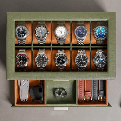 ROTHWELL 10-Slot Watch Box in Leather with Valet Drawer, Luxury Watch Case Display Organizer with Ultra Soft Microsuede Liner, Jewelry and Sunglass Holder With Large Glass top (Green/Tan)