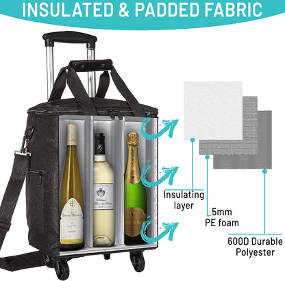 3-in-1 Wine Tote - Rolling Suitcase and Insulated Cooler Bag with Removable Dividers for 12 Bottles