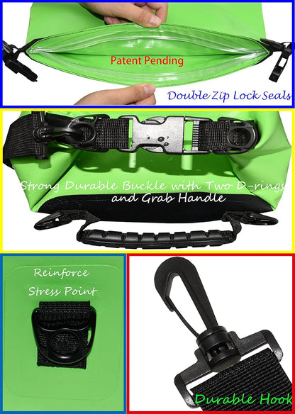 Freegrace Waterproof Dry Bags Set of 3 Dry Bag with 2 Zip Lock Seals & Detachable Shoulder Strap, Waist Pouch & Phone Case - Can Be Submerged Into Water (Green, 20L)