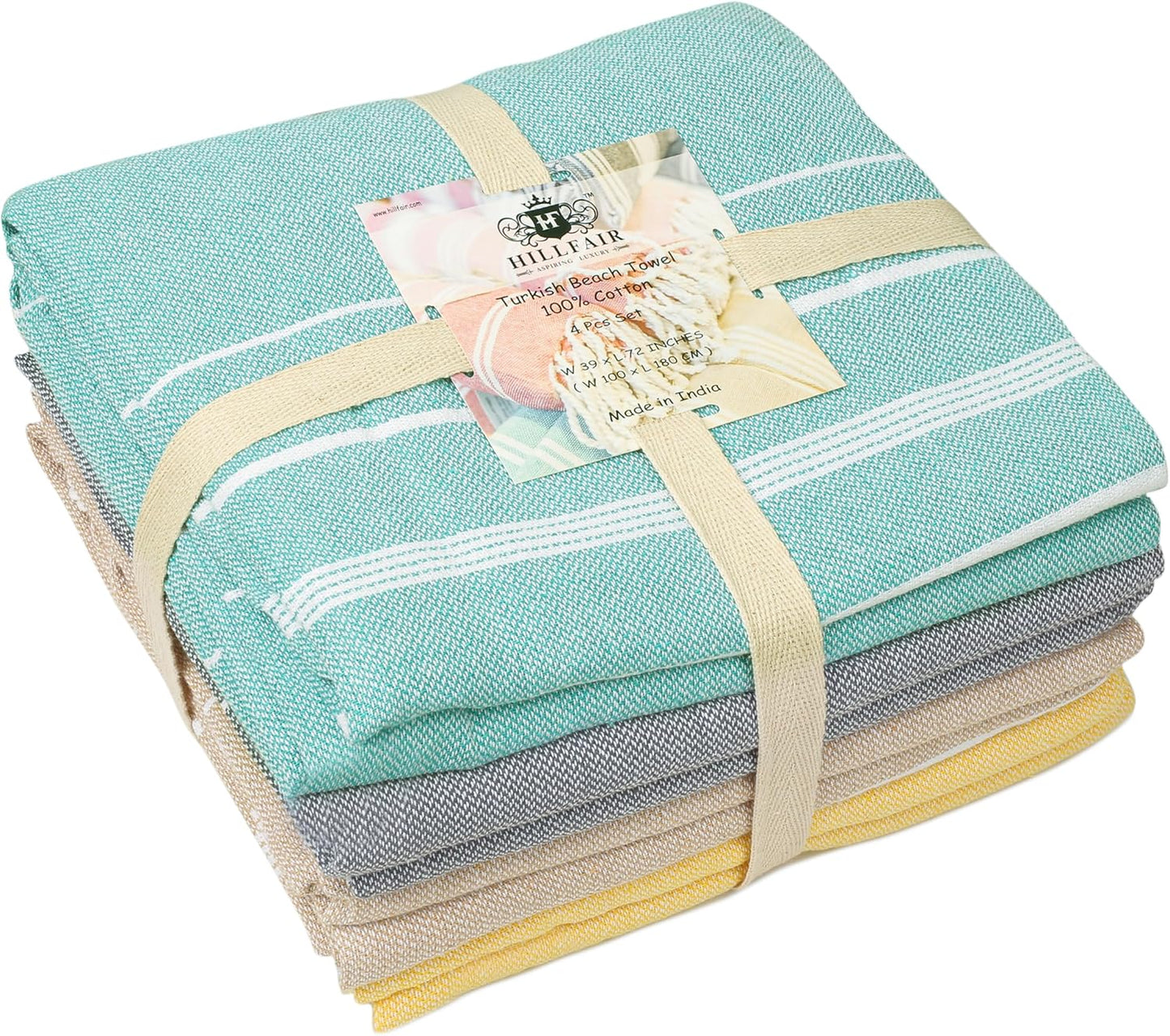 HILLFAIR Cotton Turkish Beach Towels, Quick Dry Lightweight Sand Free Peshtemal Towel for Bath Swim Yoga Pool Travel, Beach Accessories, Oversized Turkish Towel (39 x 72 inch- 4 Pack Multicolor)