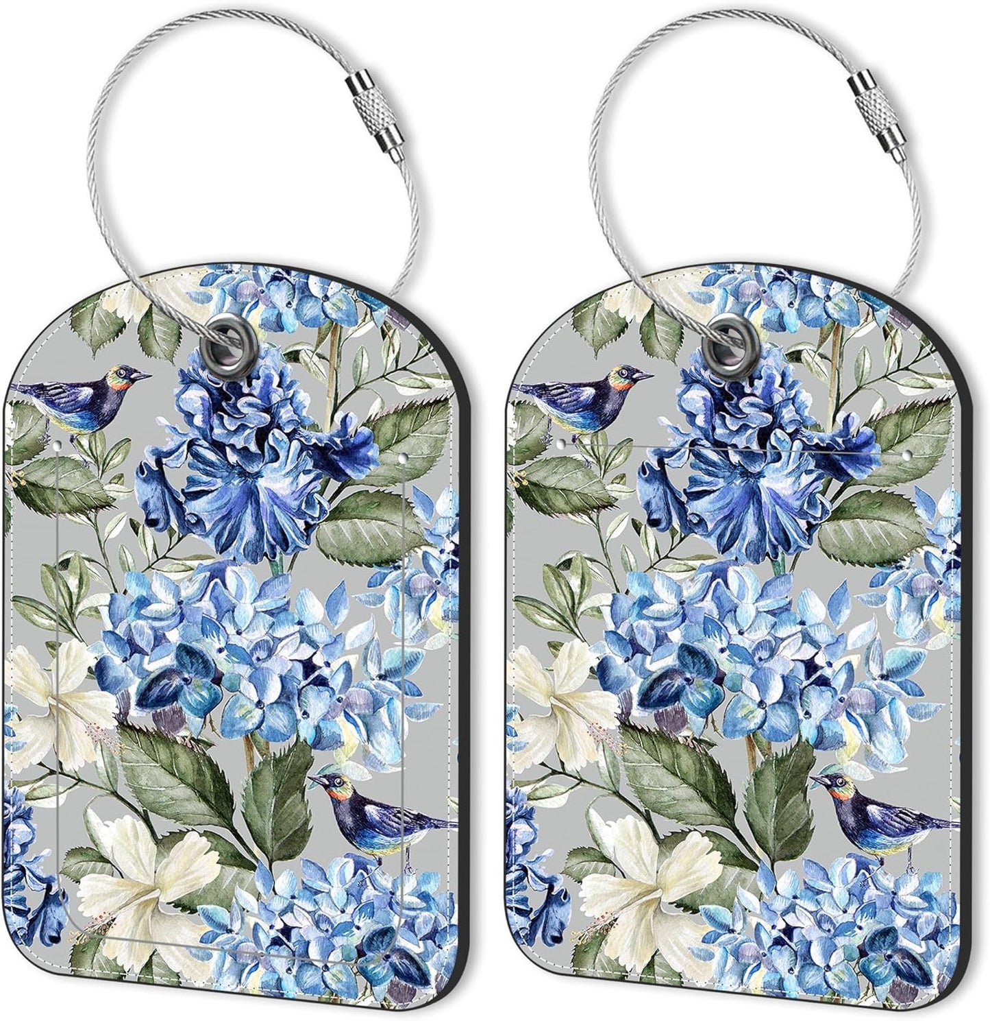 2 PCS Leather Luggage Tags for Suitcase Hibiscus Flowers Bird Travel Luggage Tag with Privacy Flap Name ID Label and Metal Loop for Travel Bag Suitcase