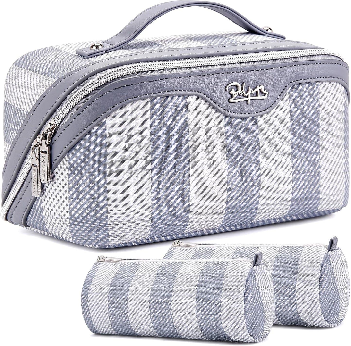 BOYATU Makeup Bag Travel Cosmetic Bag: 3 Pcs Set Portable Make up Bags for Women with Handle - Waterproof Vegan Leather Toiletry Organizer Bags with Comparments (F-05-Blue)