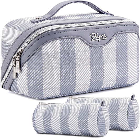 BOYATU Makeup Bag Travel Cosmetic Bag: 3 Pcs Set Portable Make up Bags for Women with Handle - Waterproof Vegan Leather Toiletry Organizer Bags with Comparments (F-05-Blue)