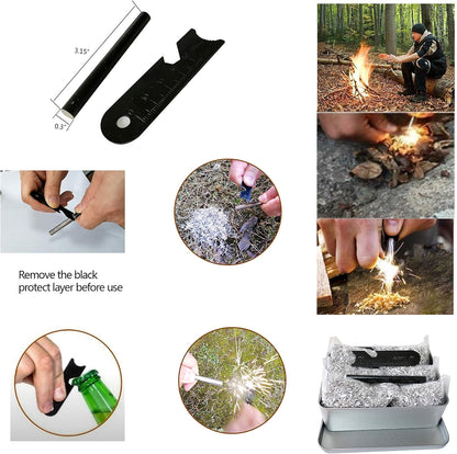 Survival Fire Starter Kit – Magnesium Shavings, Ferro Rod, Wax Rope, Emergency Blanket, Wire Saw & Waist Bag for Camping, Hiking & Outdoor Adventures