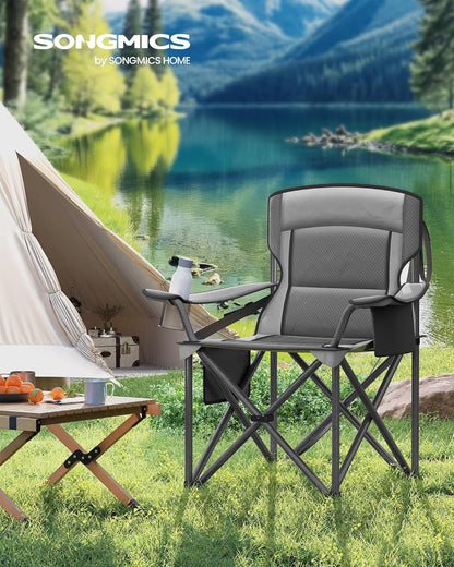 SONGMICS Oversized Lumbar Support Camping Chair, Heavy-Duty Outdoor Folding Chair Comfortable, Padded, Glamping, Cooler Bag, Weight Capacity 450 lb, Slate Gray UGCB066G01