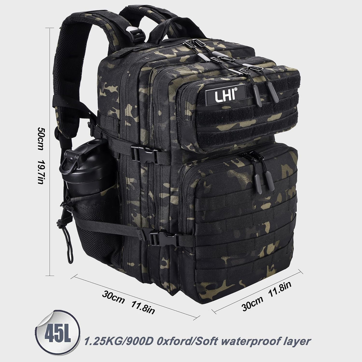 LHI Military Tactical Backpack for Men and Women 45L Army 3 Days Assault Pack Bag Large Rucksack with Shoe Compartment - Black CP