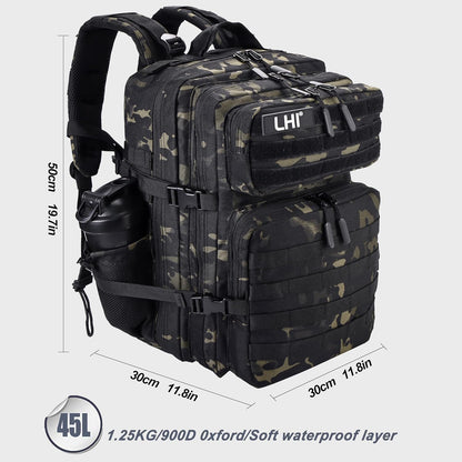 LHI Military Tactical Backpack for Men and Women 45L Army 3 Days Assault Pack Bag Large Rucksack with Shoe Compartment - Black CP