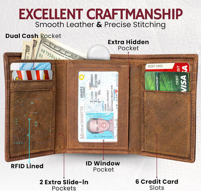 BULL GUARD Leather Trifold Wallets For Men with ID and RFID Blocking Great For Work, Sports, Outdoors